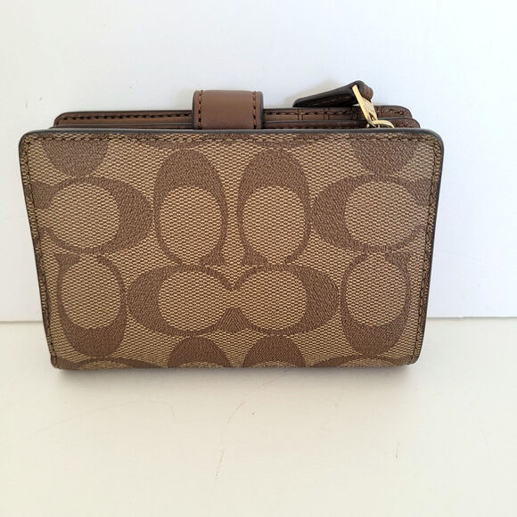 Coach Wallet Crossgrain Leather Monogram Brown Tan Medium Bifold Logo Compact - Picture 2 of 9